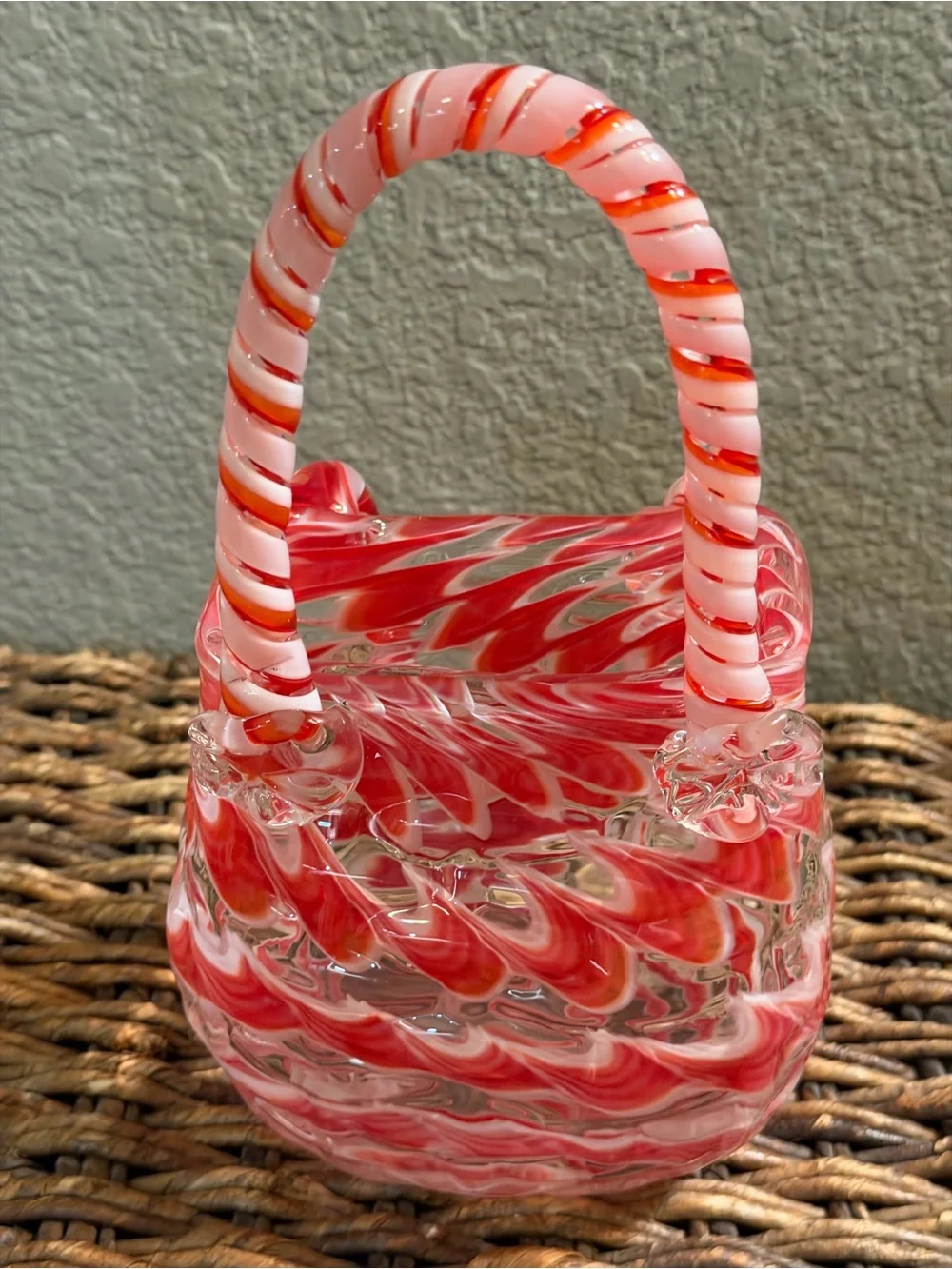 Hand Blown Art Glass Purse Sculpture Pink Red Candy Stripe Handbag Decorative